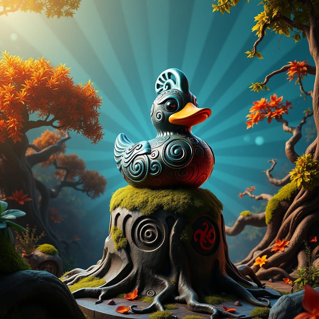 Whimsical Alebrije Duck on Ancient Pedestal