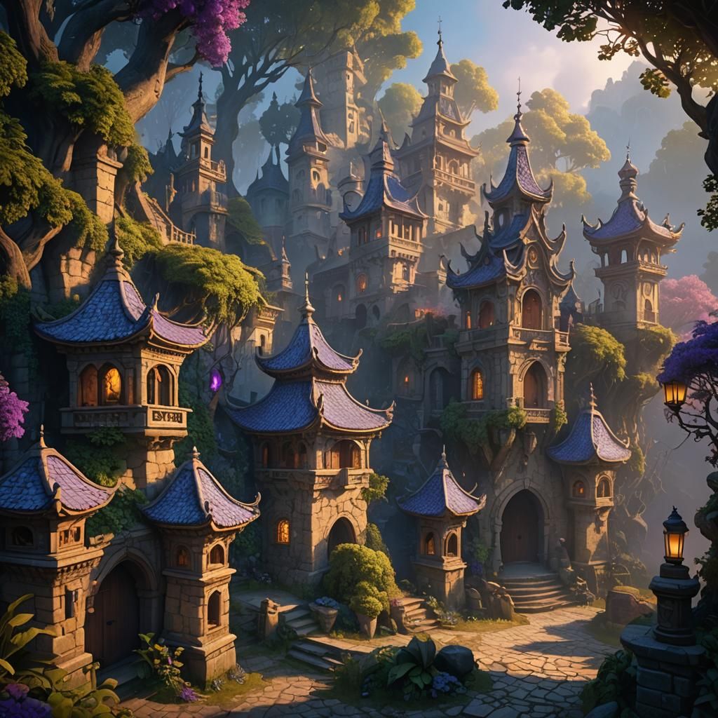 Misty Village in Art Nouveau Style