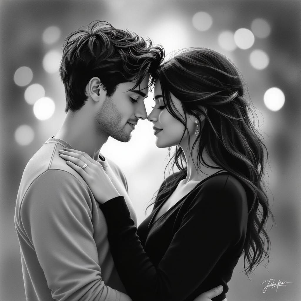 A black and white charcoal drawing of a romantic intimate mo...