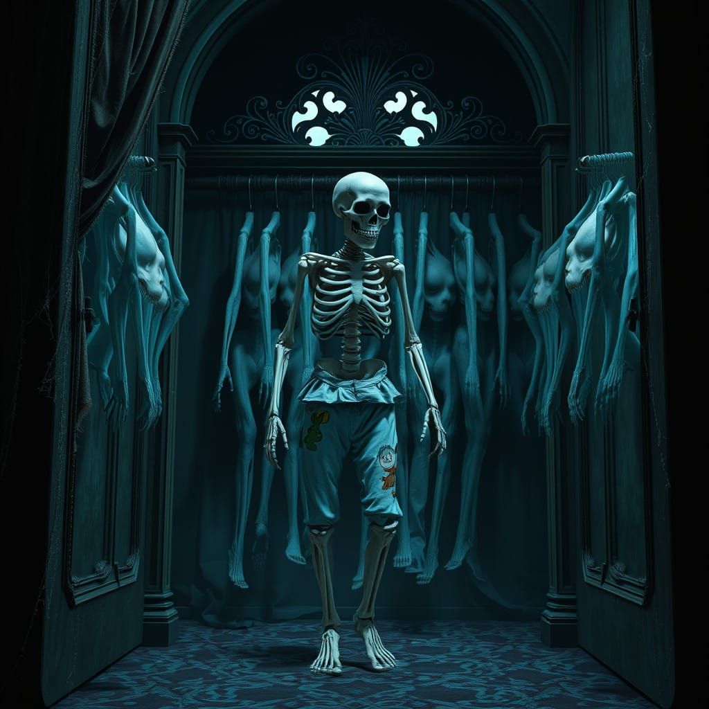 Macabre Skeleton in Closet of Macabre Opulence