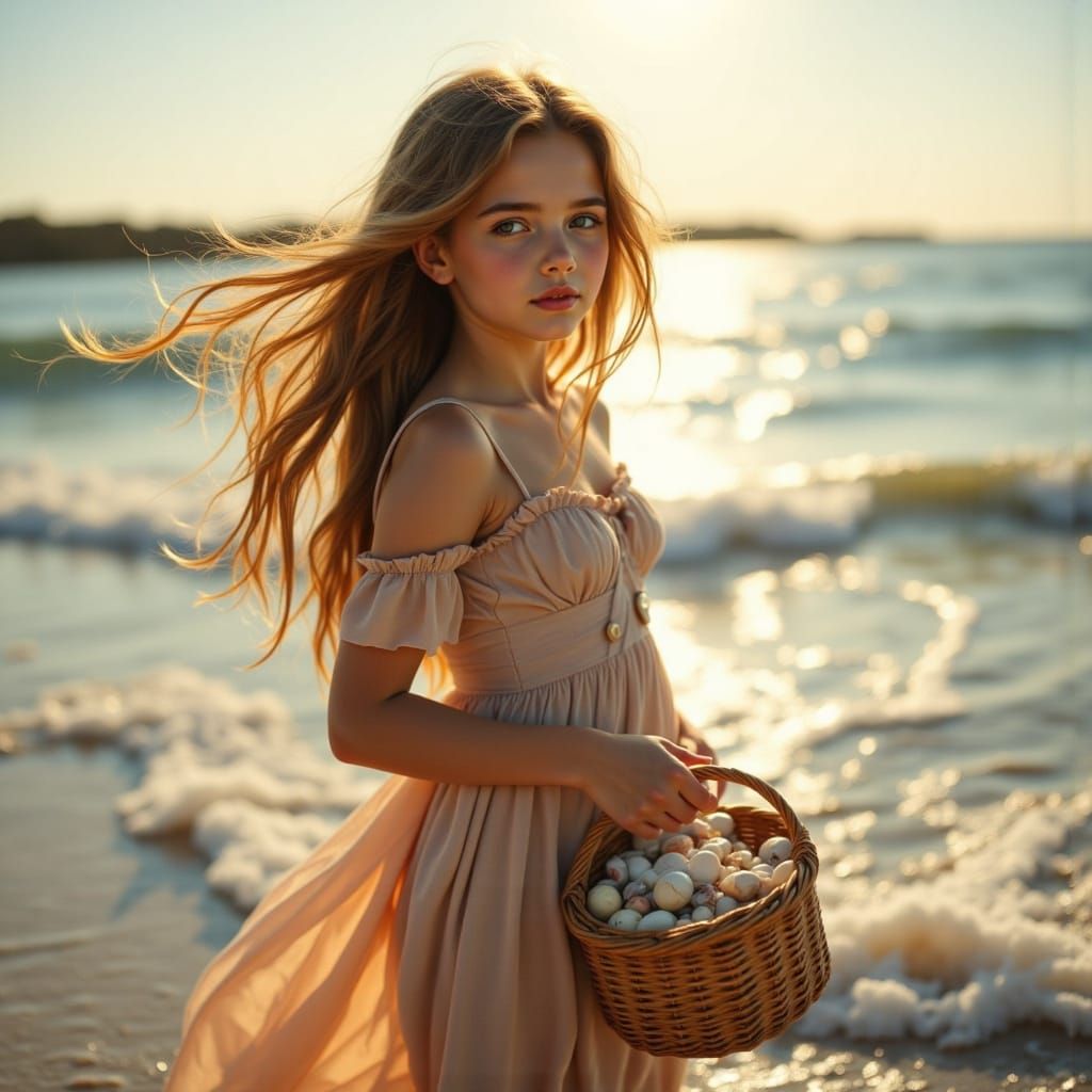Young Girl Collects Seashells on the Beach in Hyperrealistic...