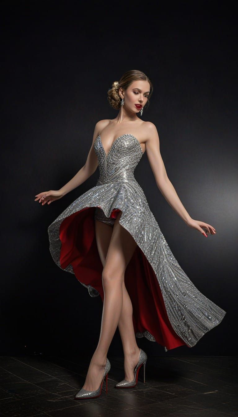 Elegant Woman on Dark Background, Sparkling Silver Legs and...