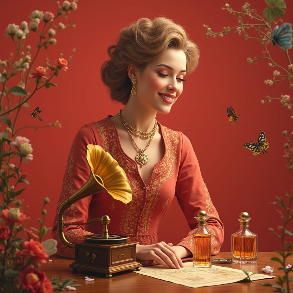 Surreal Portrait of a Lady with Perfume and Gramophone