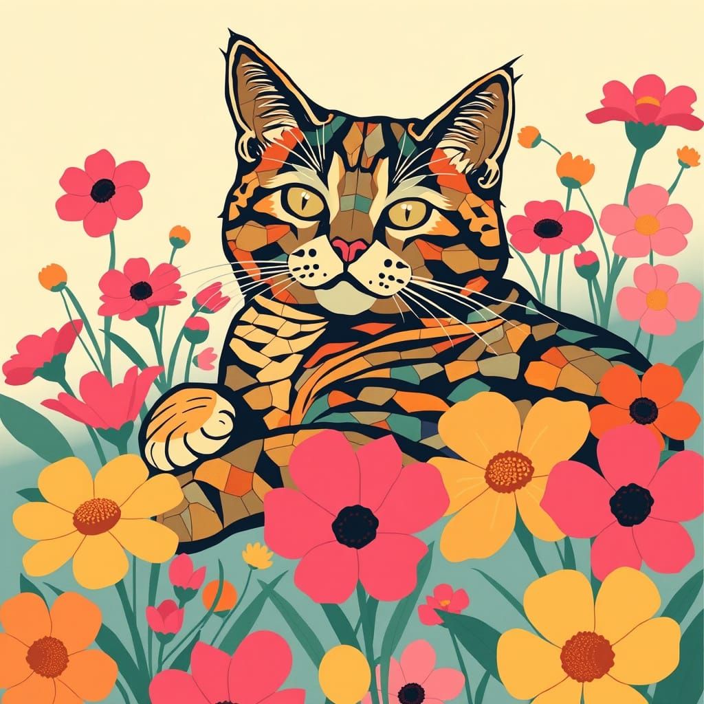 Mosaic Cat Poster in Mid-Century Modern Style