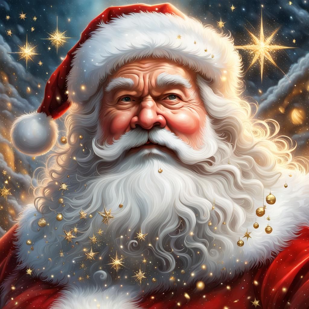 Jolly Santa Surrounded by Floating Stars in Ethereal Style
