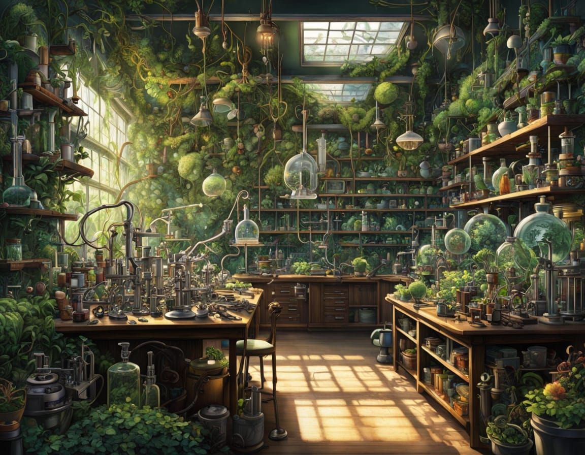 Intricate Maximalist Laboratory with Lush Ivy