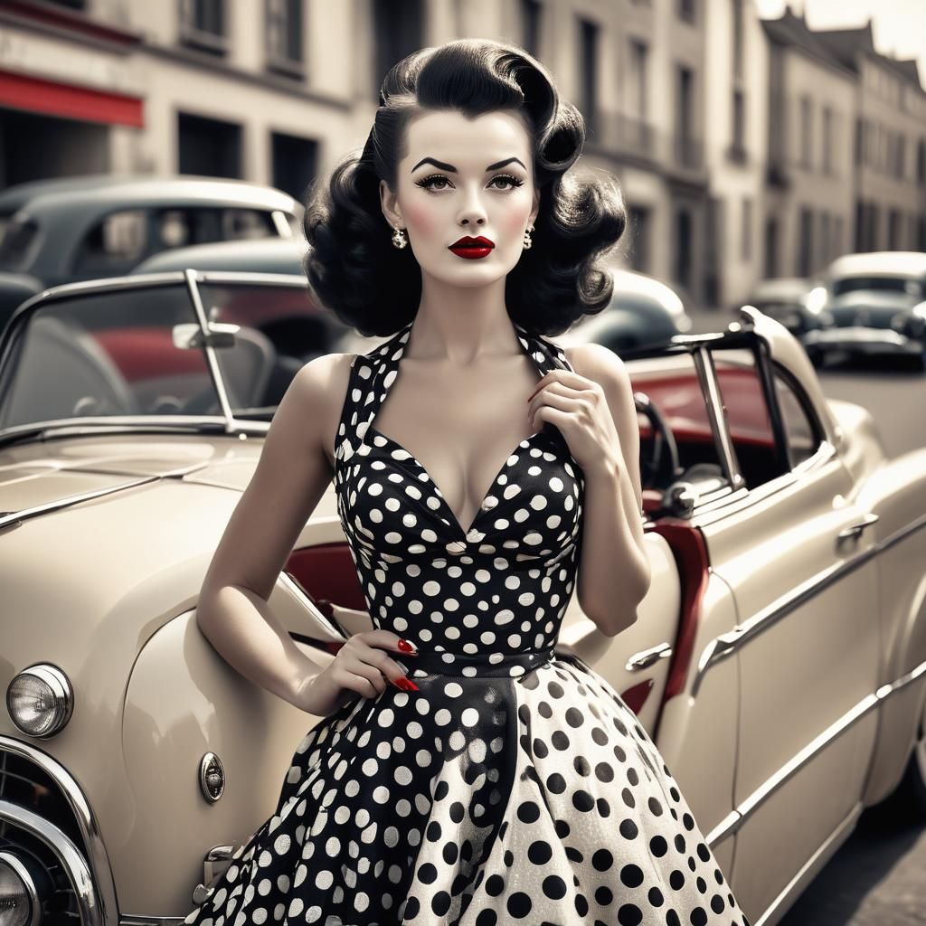 Vintage Pin-up Beauty in Polka Dot Dress, Standing Beside Cl...