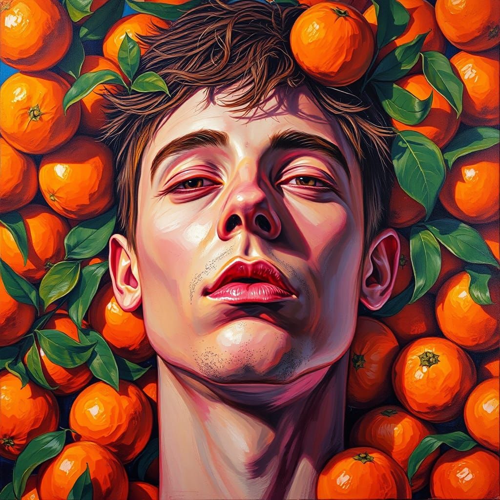 Surreal Portrait with Oranges in Mixed Media Style