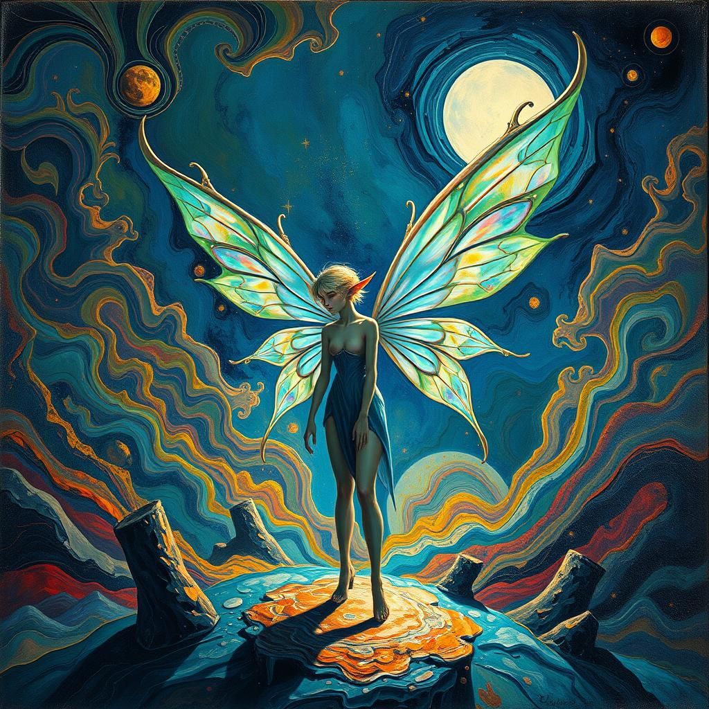 Fairy Elf in Cosmic Surrealist Impasto Landscape