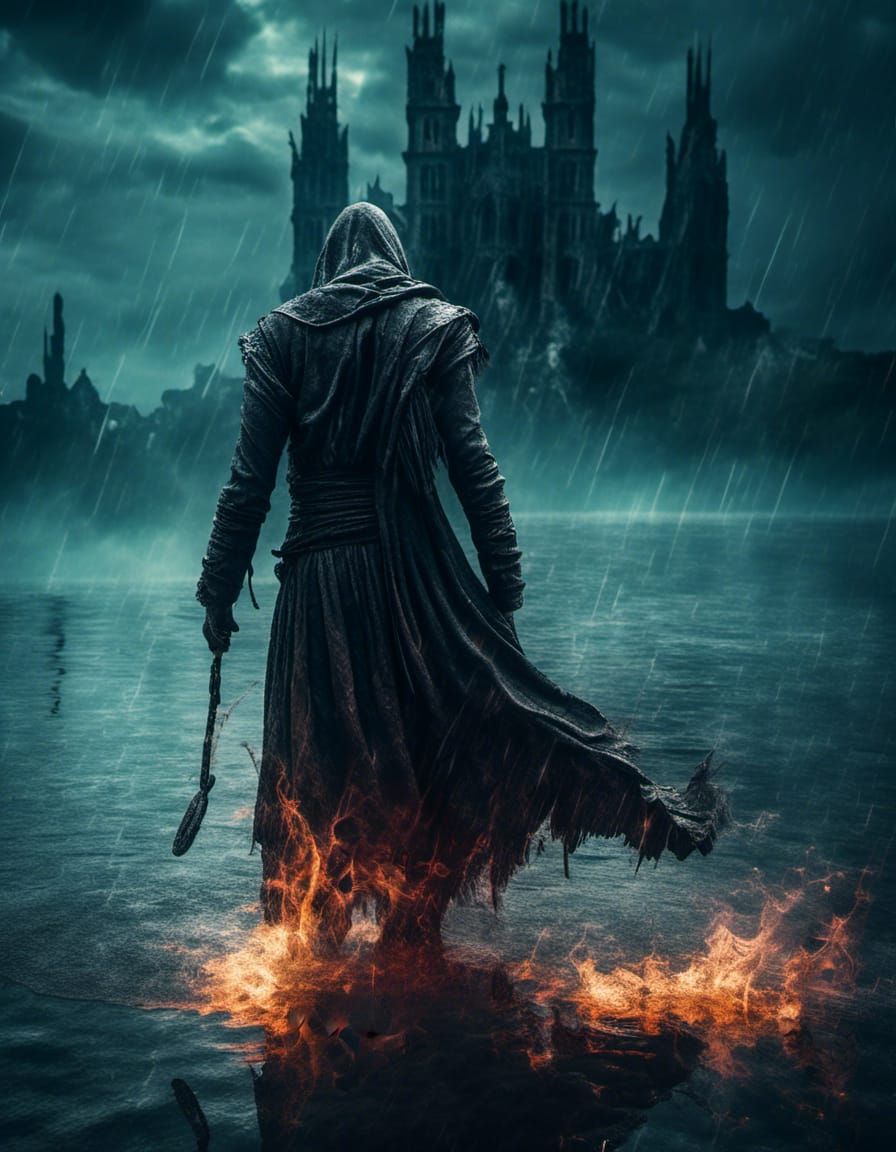 Macabre Medieval Monk with Sword of Fire