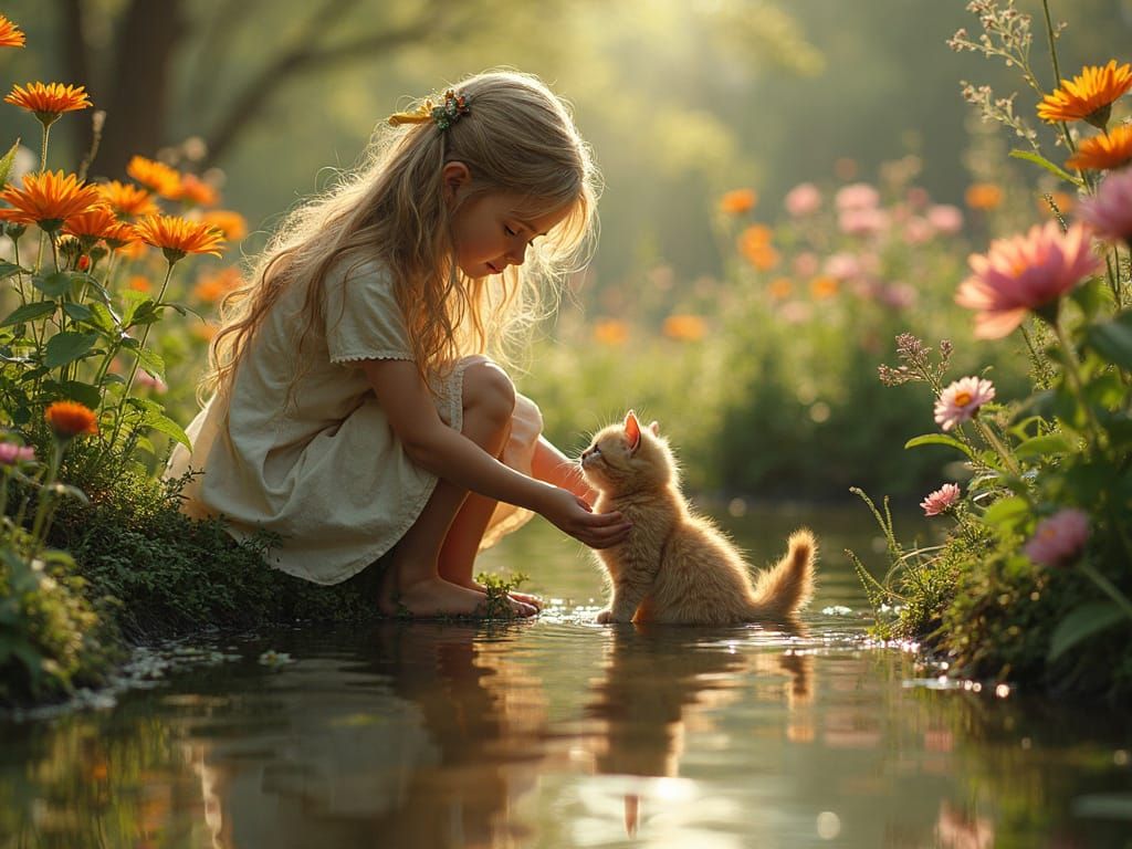 Little girl with her kitten near a pond