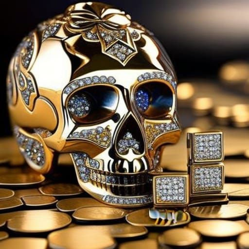 Golden Skull with Diamonds and Treasure