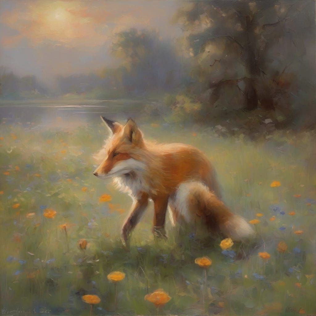 Adorable Fox Sleeps in Misty Garden, Impressionist Style