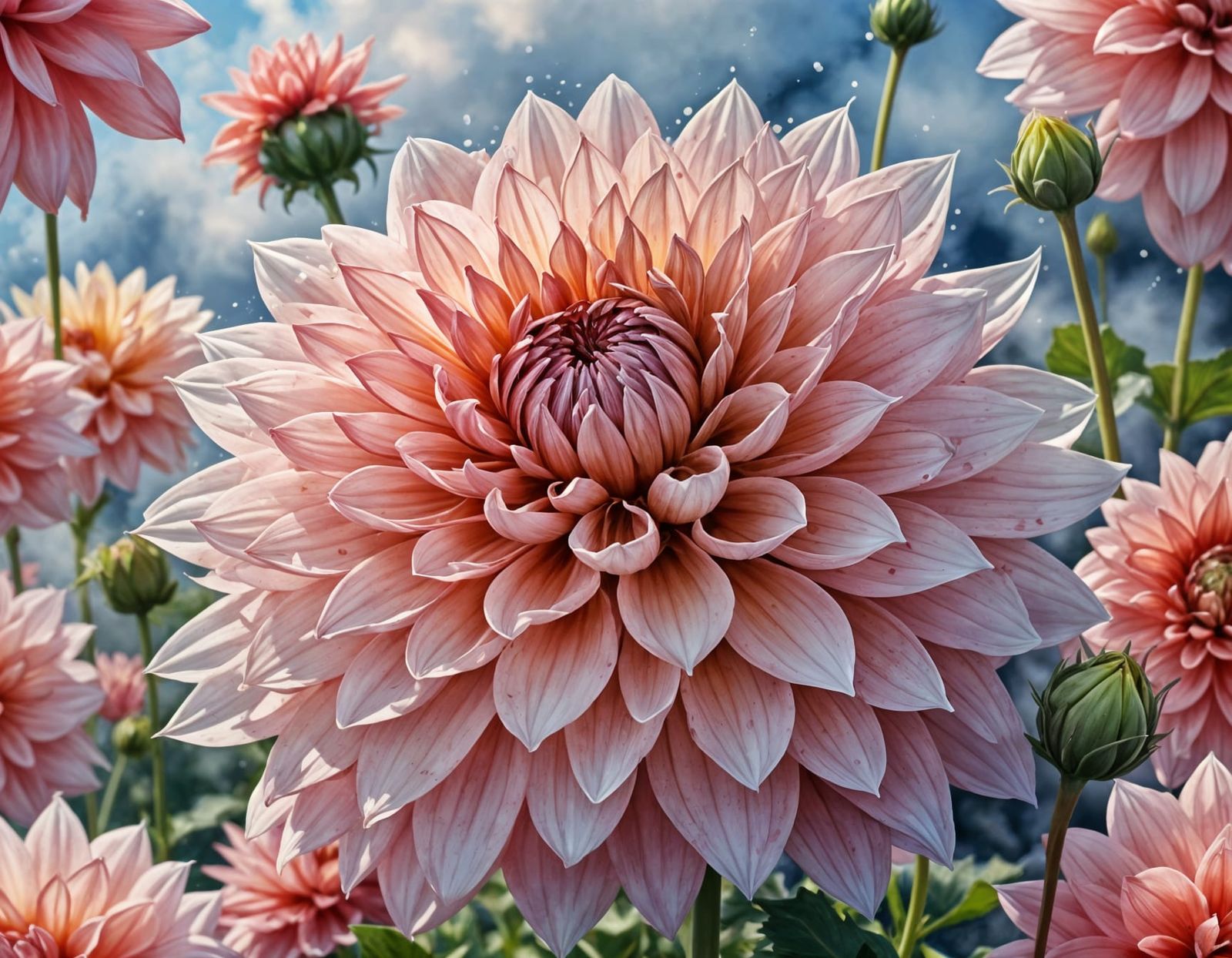 Dahlia 'Strawberry Ice' in Watercolor Style