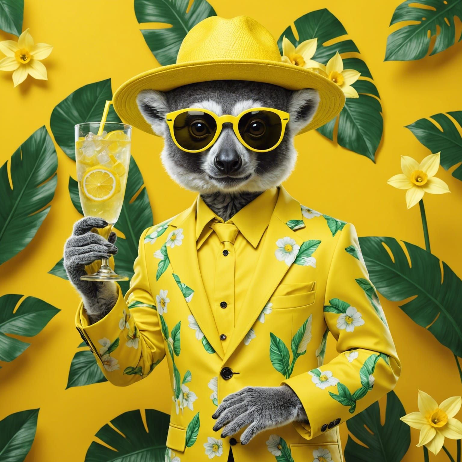 Lemur in Neon Yellow Suit with Lemon Soda