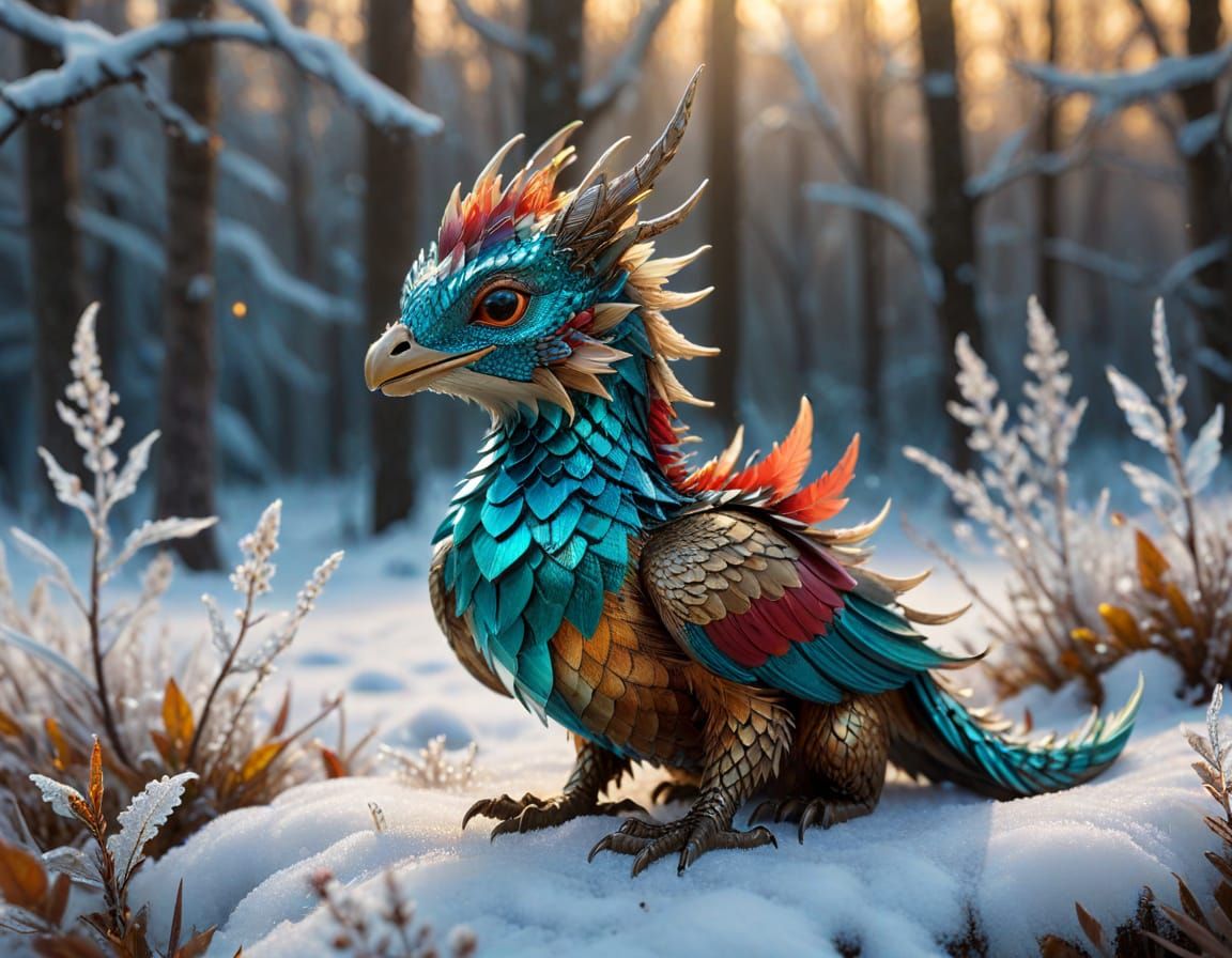Enchanted Winter Fantasy: Tiny Dragon-Robin Amidst Icy Bloom...
