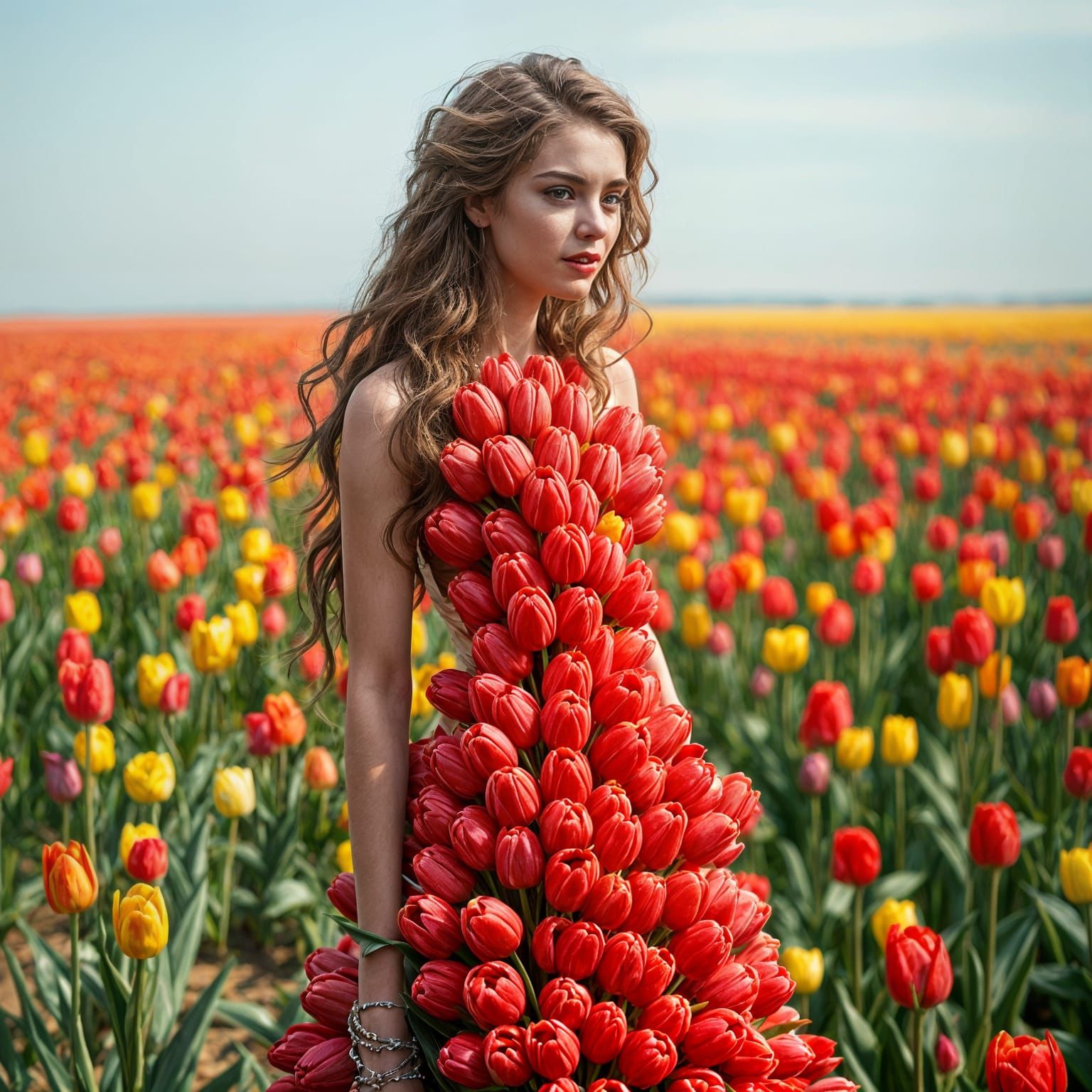 Hyperrealistic Woman in Tulip Dress, Fields of Colorful Bloo...