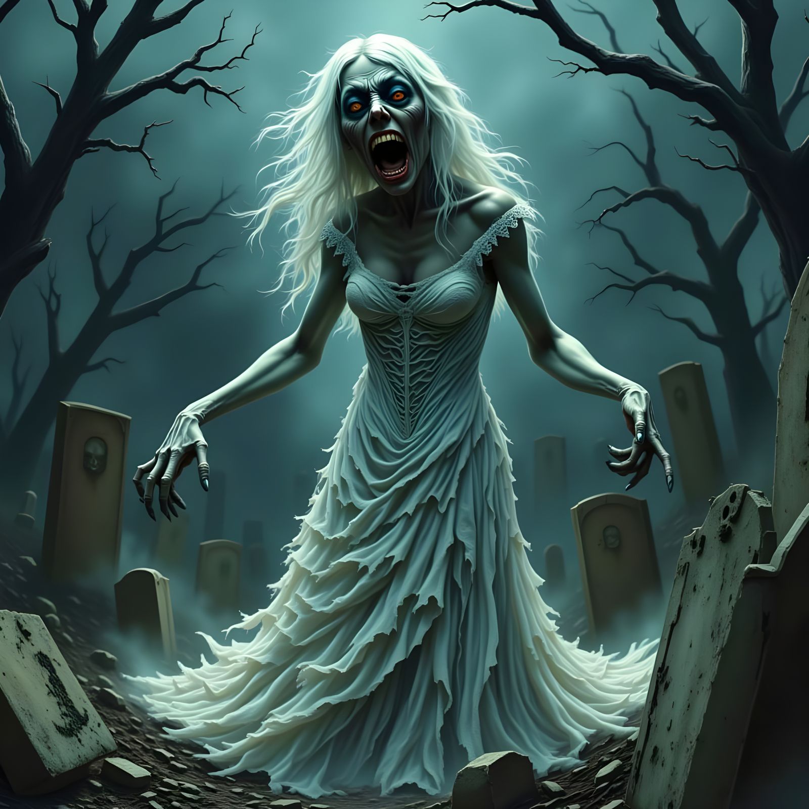 Zombie Bride in Graveyard: Dark Futurism and Surrealism