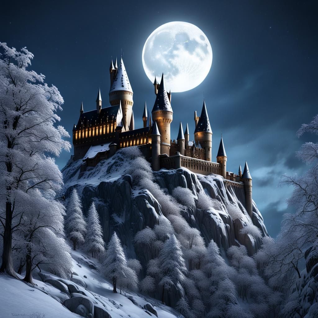 Winter Hogwarts Castle Under Full Moon