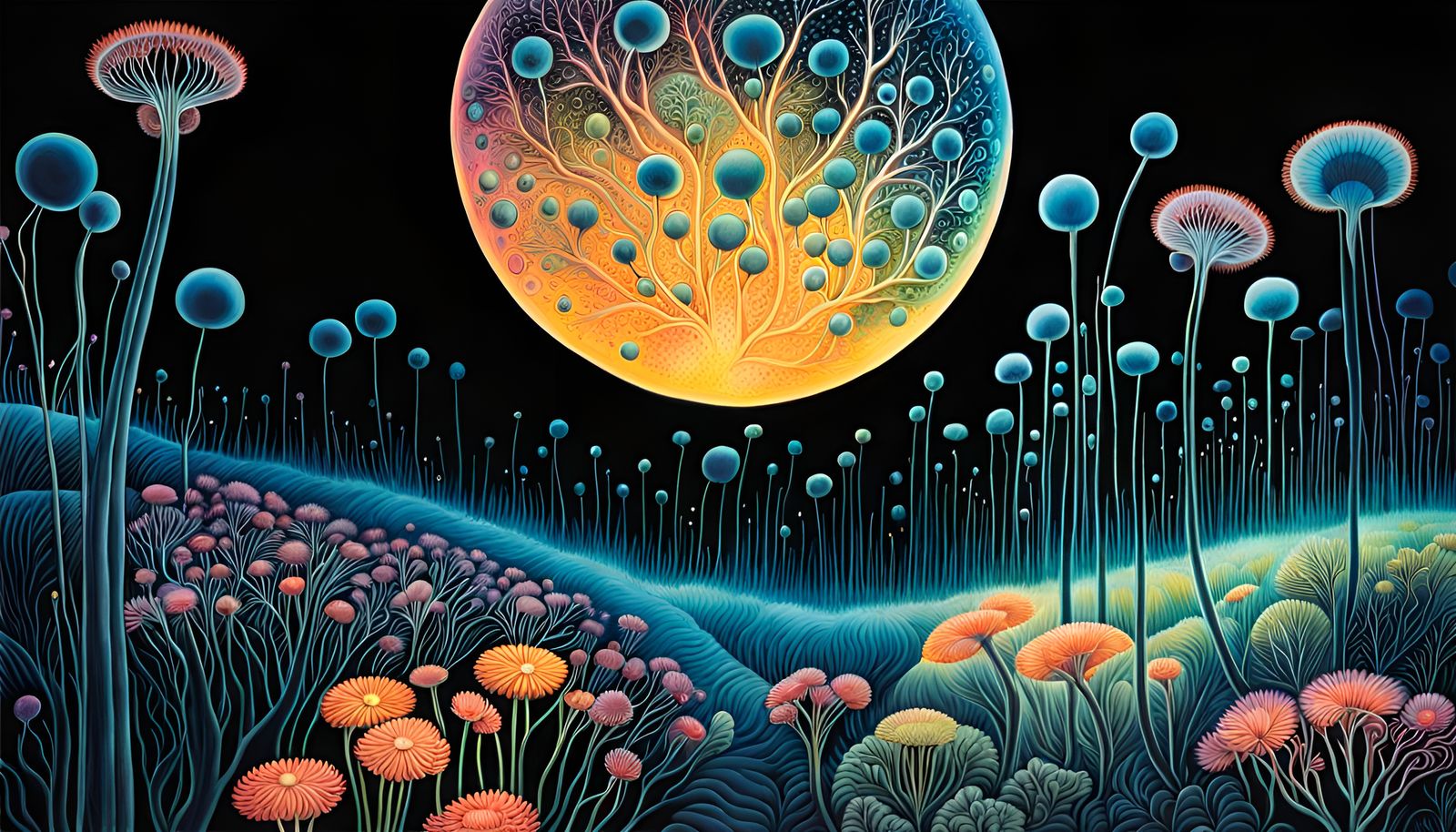 Bioluminescent Neuron Flowers in Escher Style