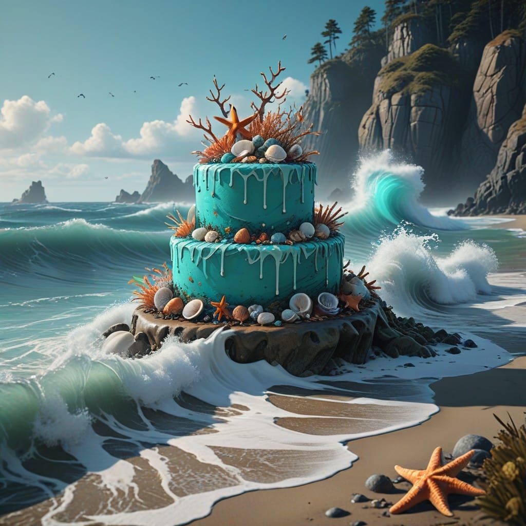 Turquoise Waves Crash Against Seashell Cake on Weathered Sho...
