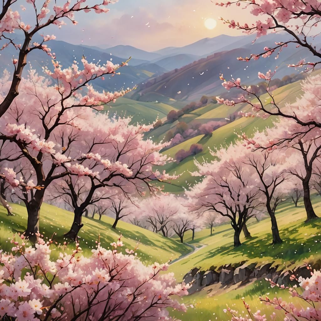Cherry Blossom Hillside in Soft Focus Watercolor