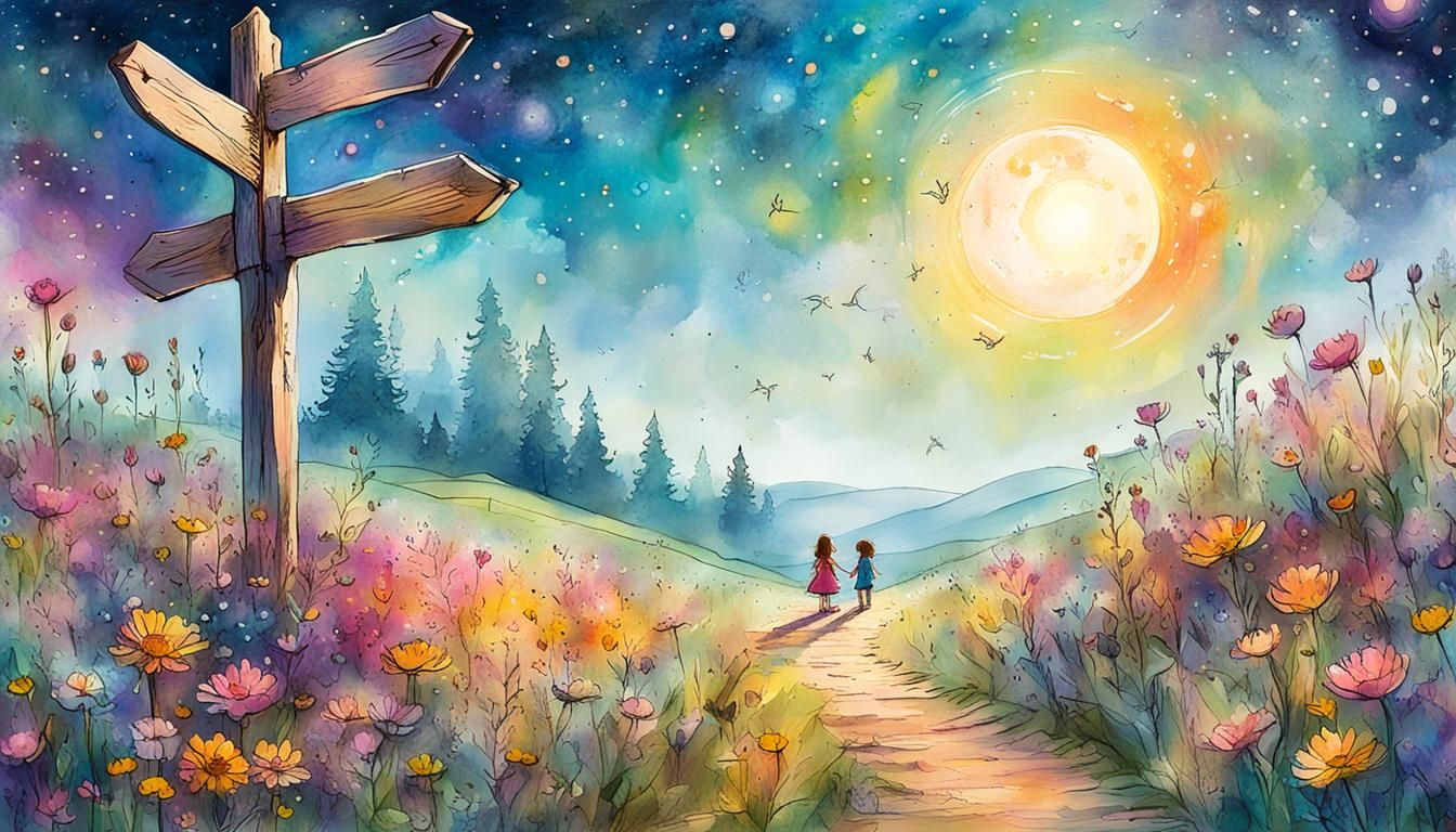 Children in Summer Meadow, Illustration in Mixed Media