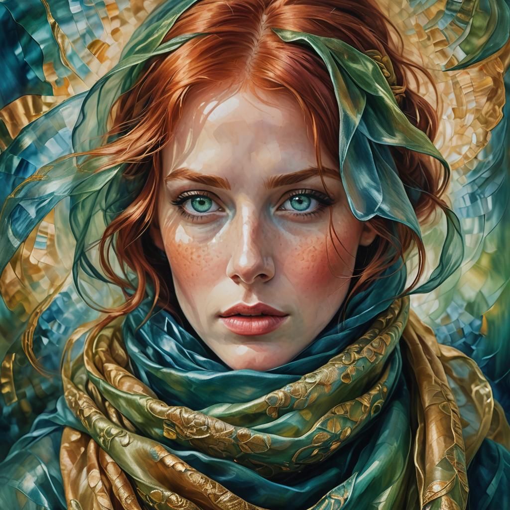 Portrait of Woman with Red Hair as Impasto Oil Painting