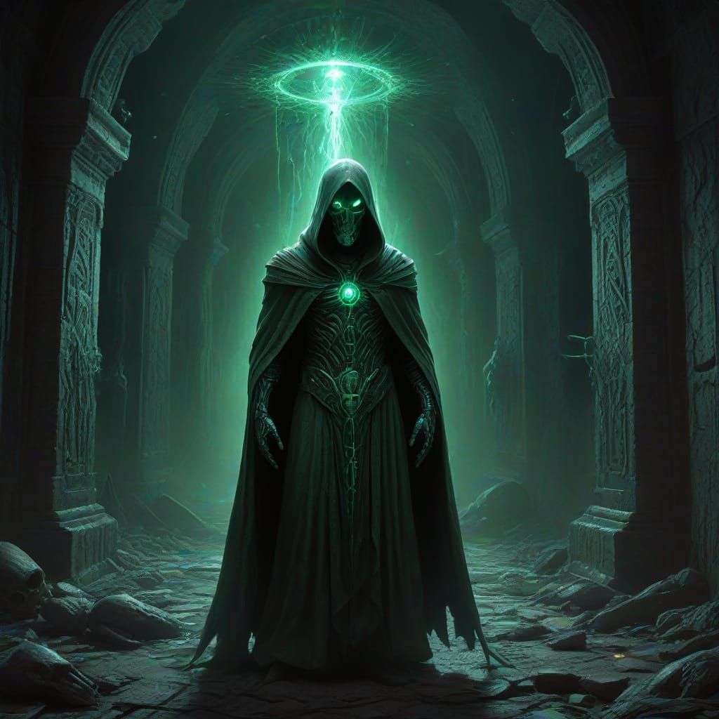 Cybernetic Cleric Channels Energy in Ruined City