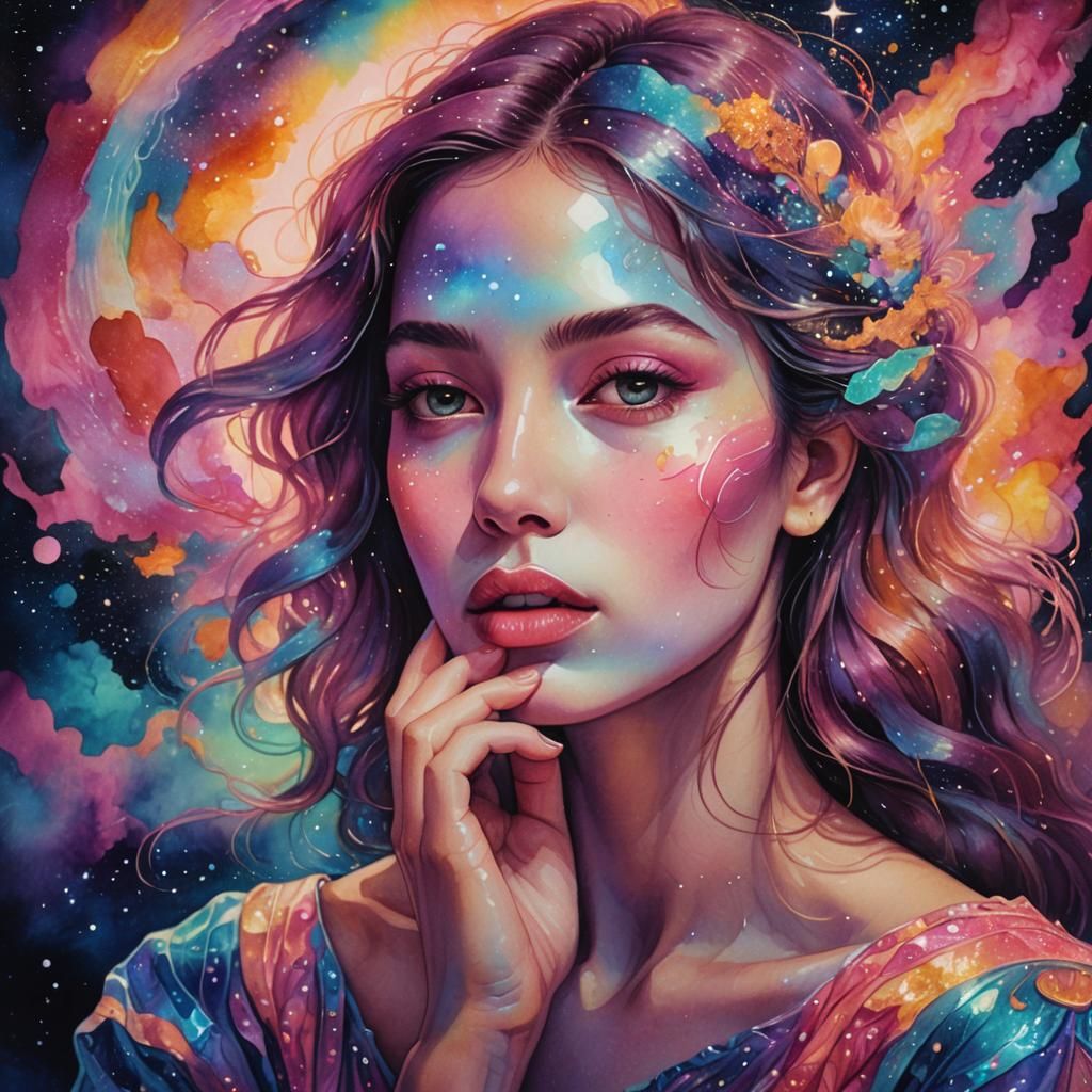 Woman's Gentle Touch: Cosmic Illustration in Mixed Media