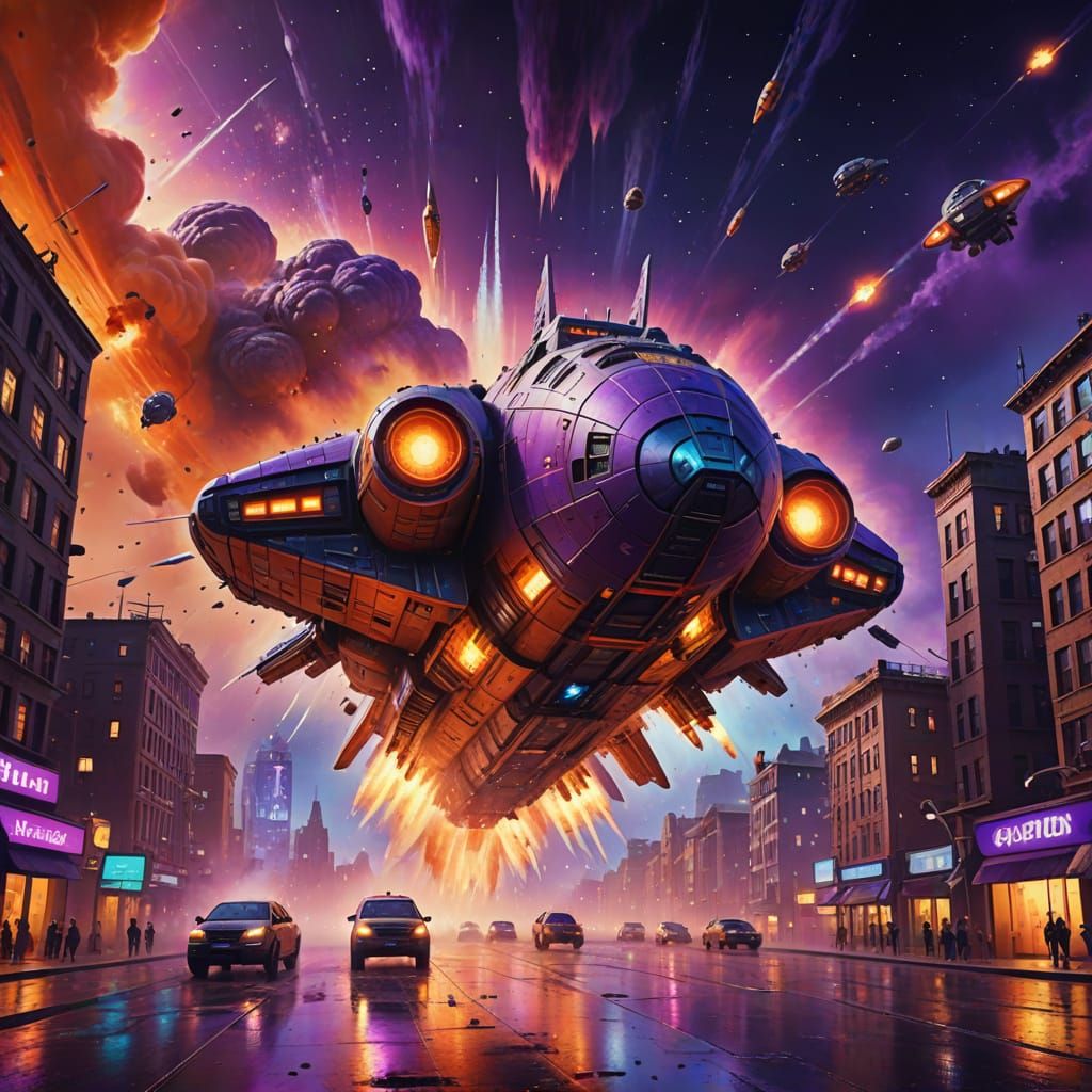 Surreal Spaceship Landing in Cityscape Oil Painting