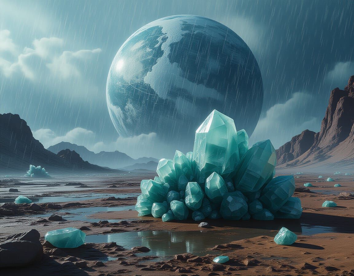 Alien Planet with Amazonite, Ice Planet Sky, Heavy Rain
