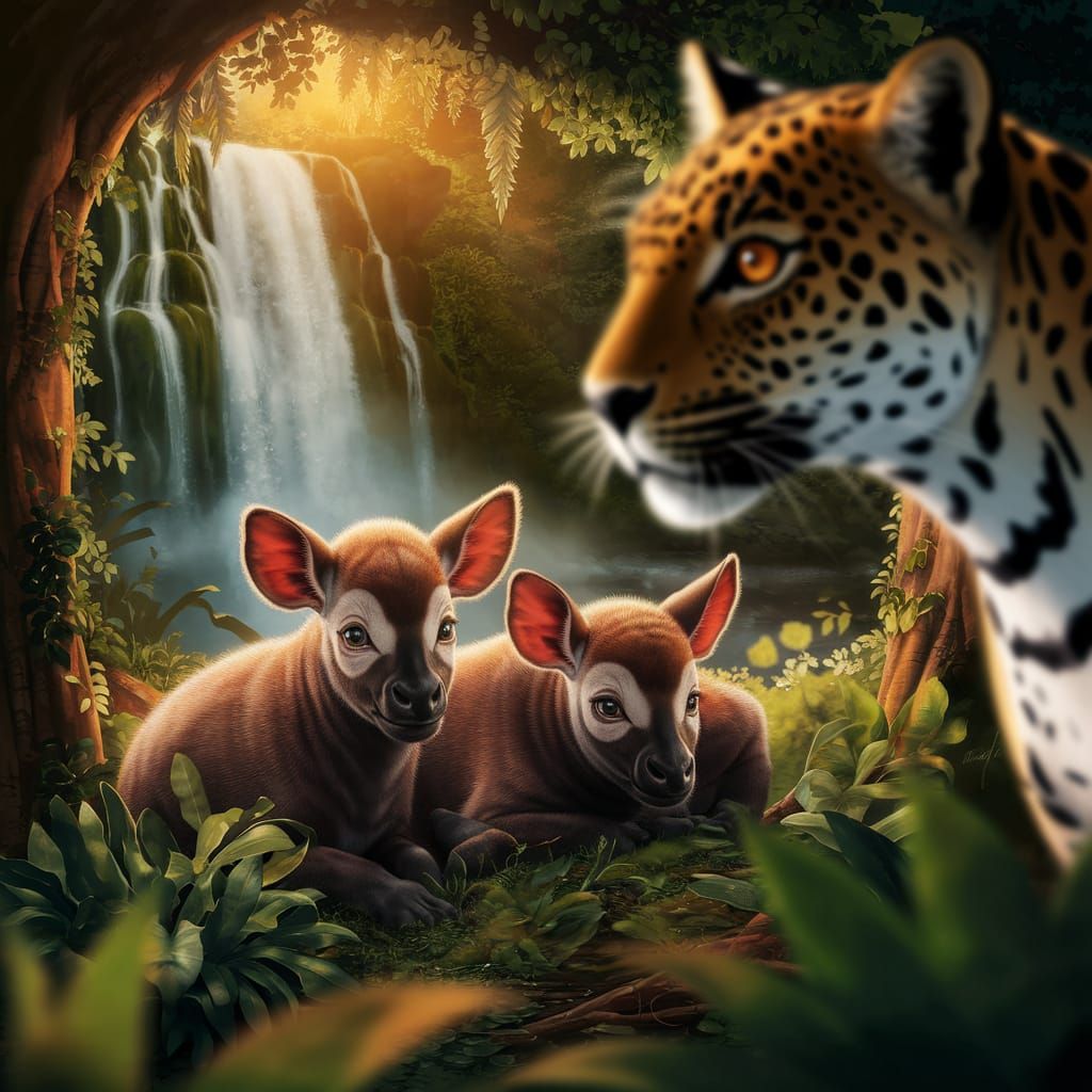 Okapi in Rainforest Illustration in Arthur Rackham Style