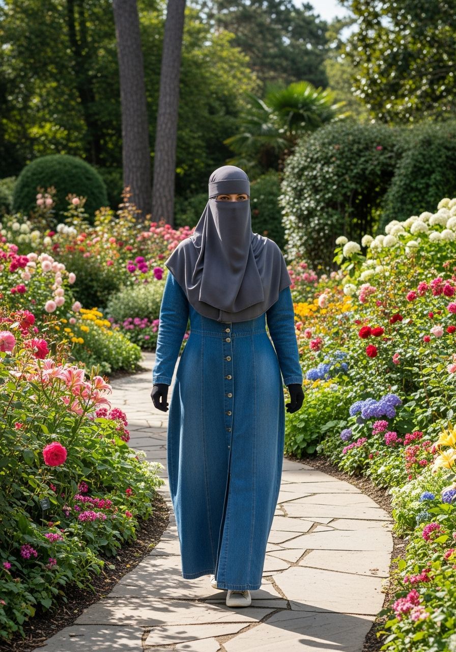 Woman in Niqab Walks Through Lush Botanic Garden