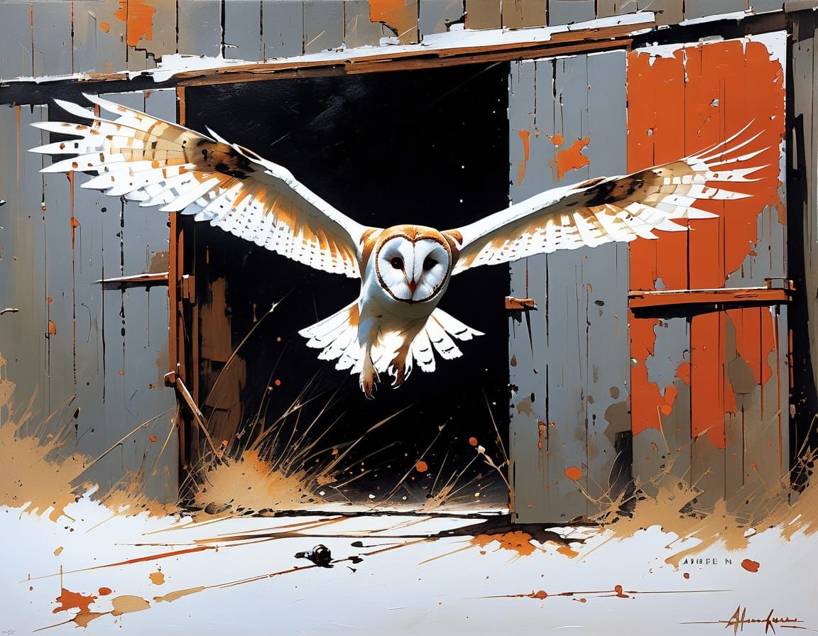 Ghostly Barn Owl Catches Mouse as Ominous Action Painting