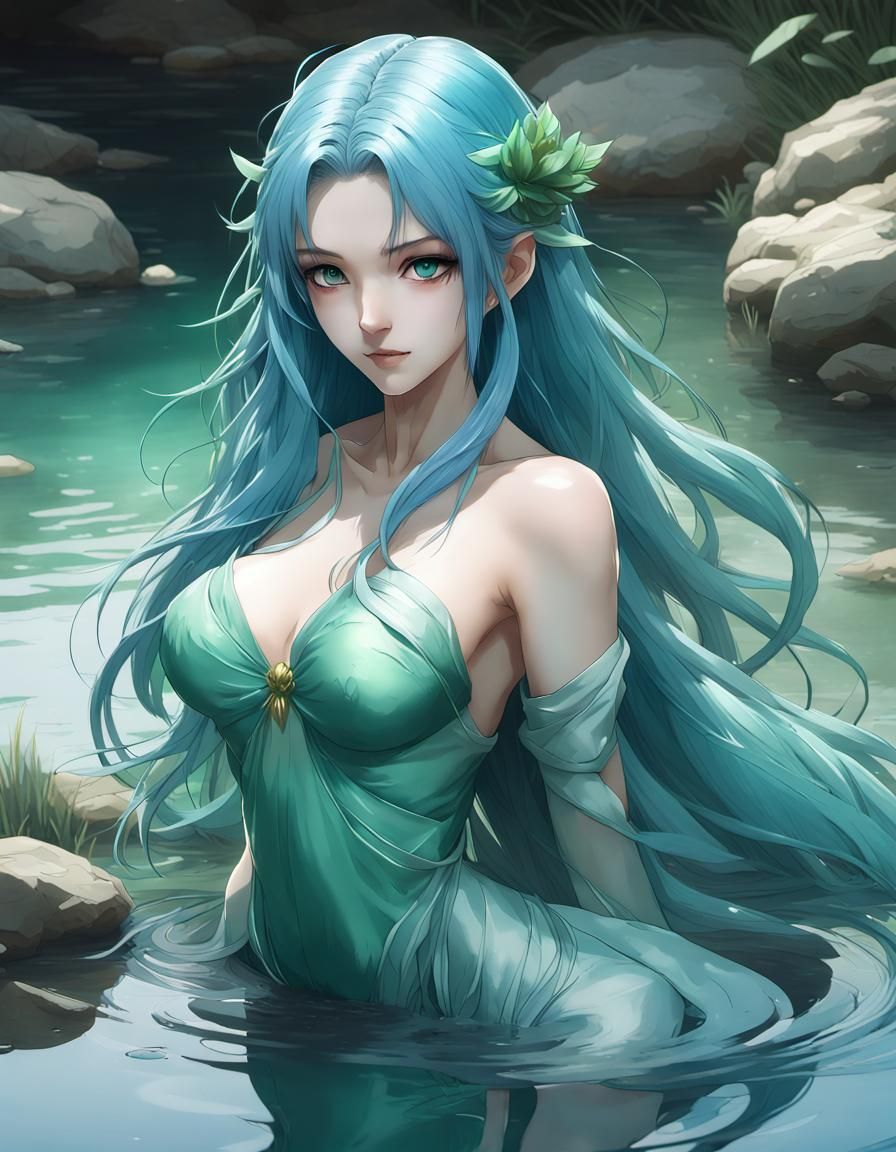 Water Spirit Woman in Pond: 3D Anime Art