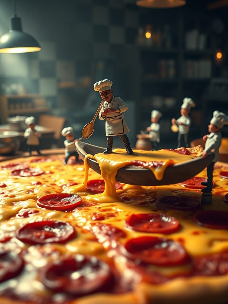 Miniature Chefs Navigate a Giant Pizza in a Lively Café Kitc...