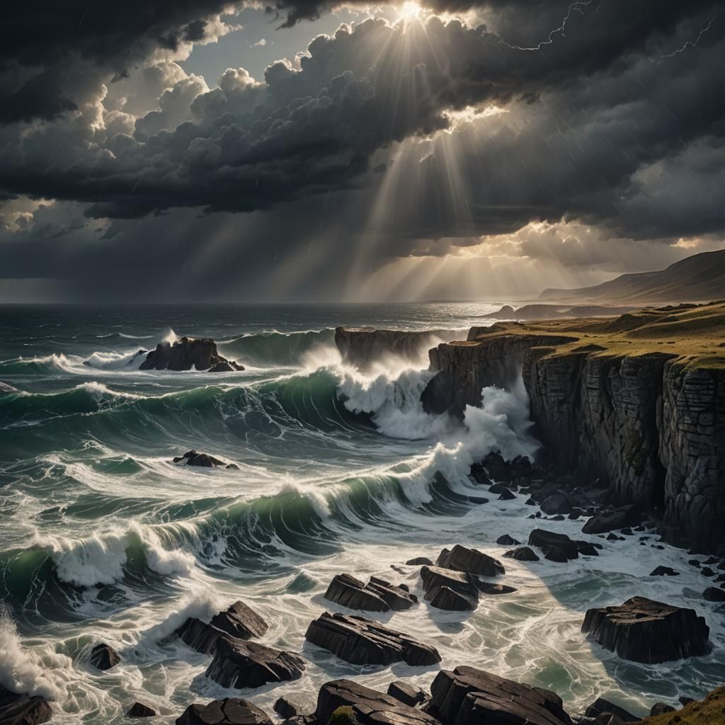 Sun Breaks Through Storm Over Cliffside Sea