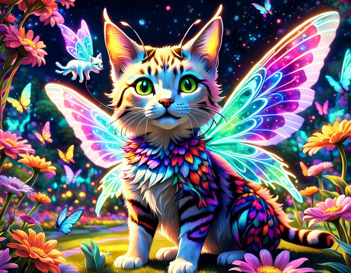 Tabaxi Fairy with Neon Wings in Fantasycore Style