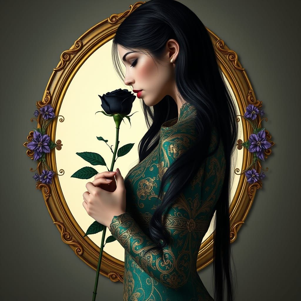 Elegant Woman Adorned with Black Rose in Ornate Frame