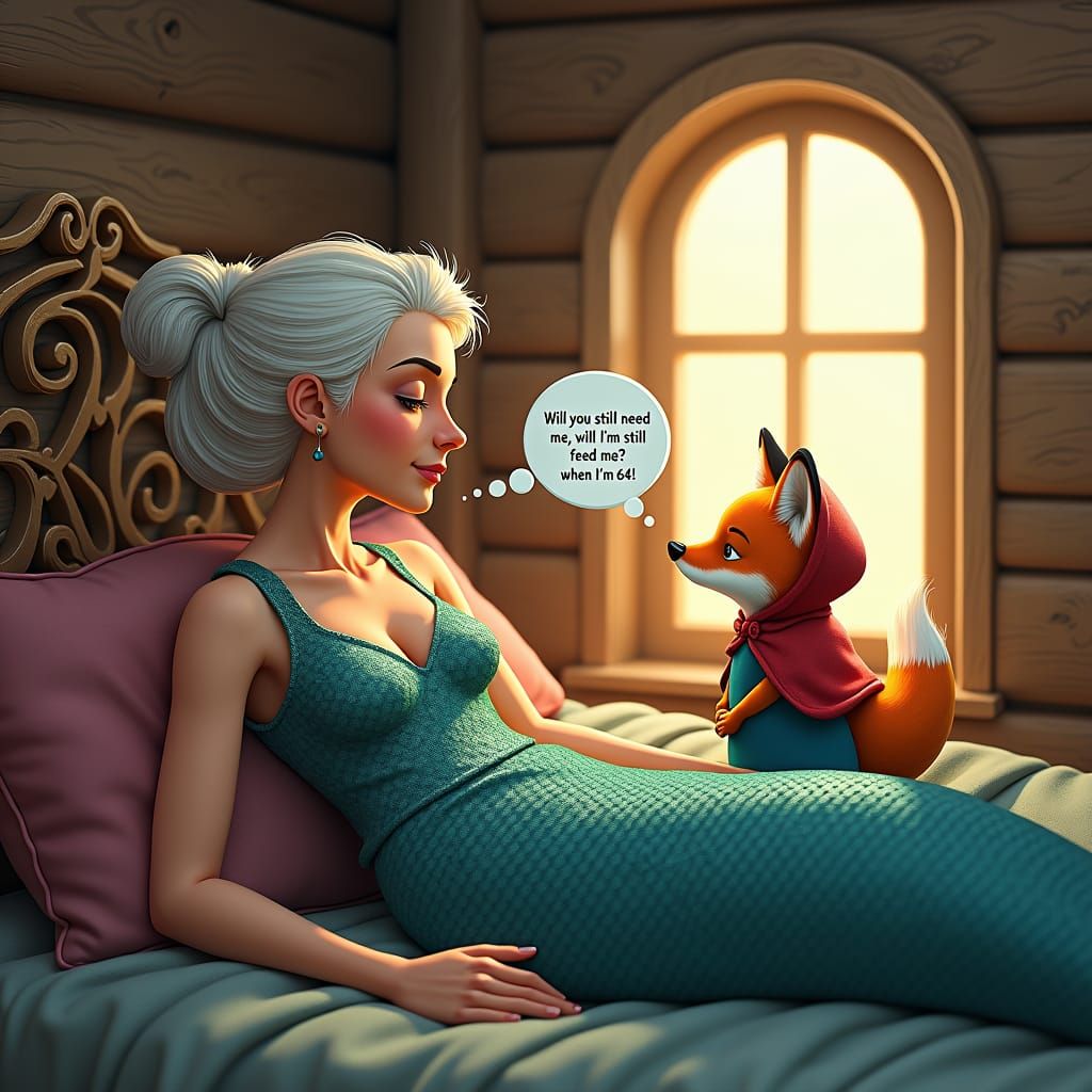 Mermaid Grandma in Cozy Cabin