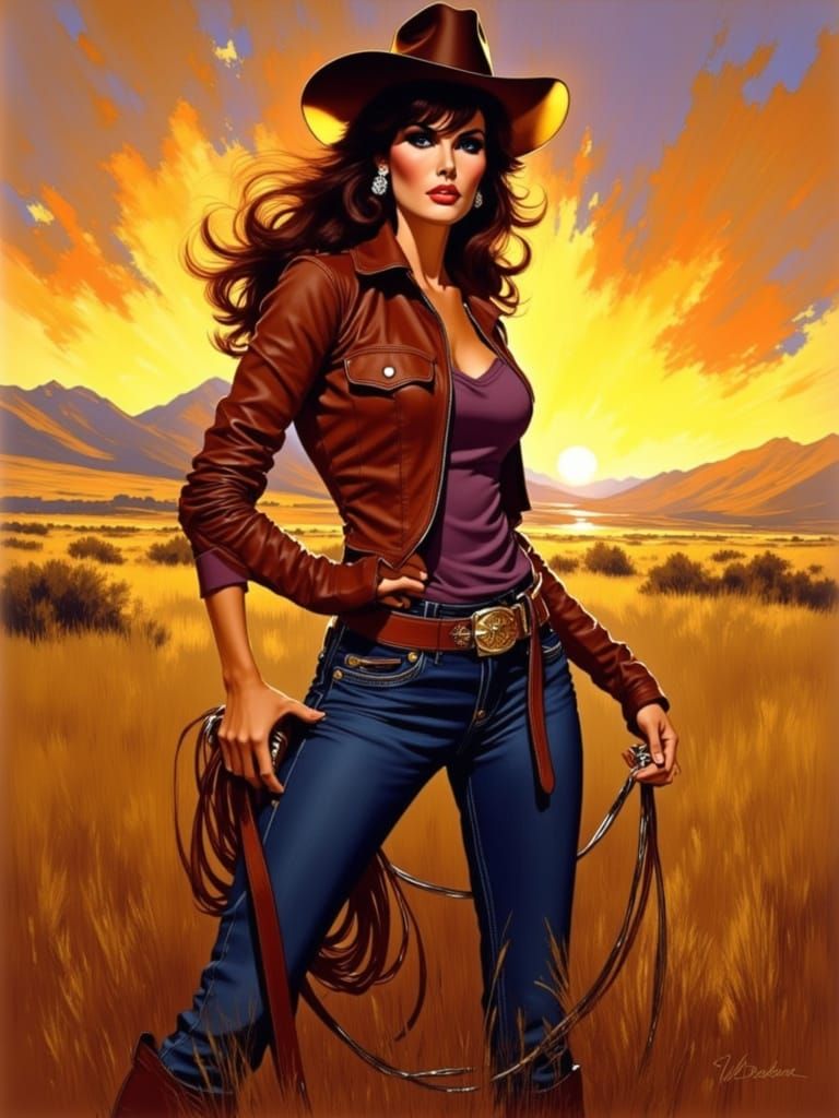 Raquel Welch as Alluring Cowgirl in Golden Hour Western Land...