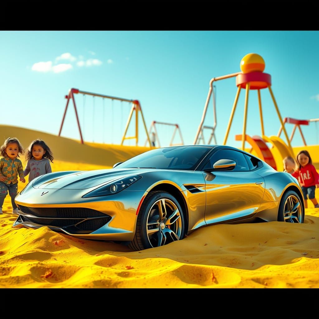 Sleek Car Buried in Whimsical Kids' Playground