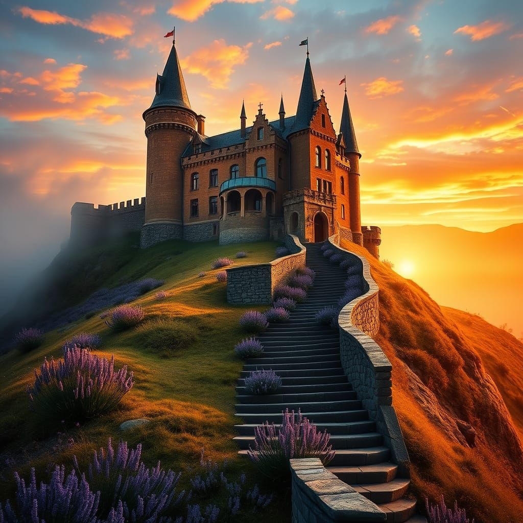 Majestic Castle in Golden Sunset Light