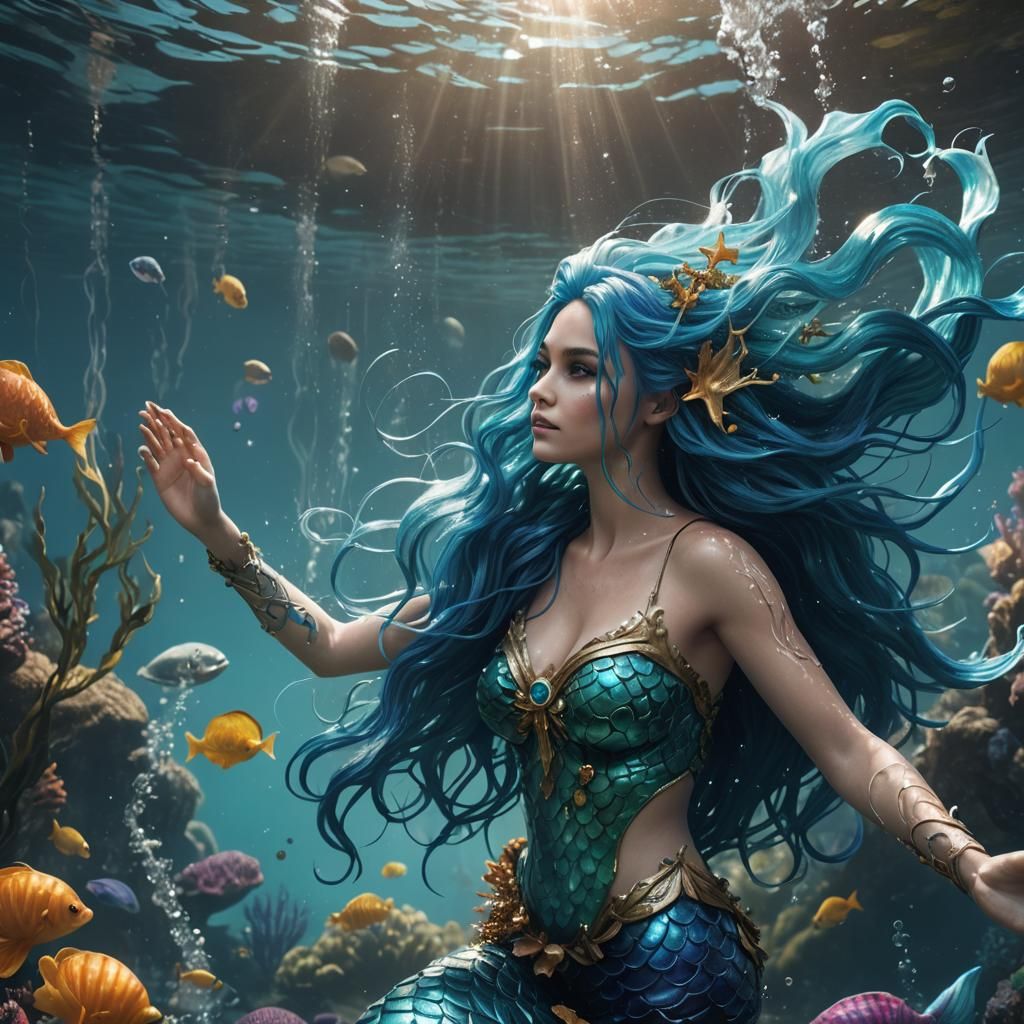 Blue-Haired Mermaid Underwater: Realistic Fantasy Art