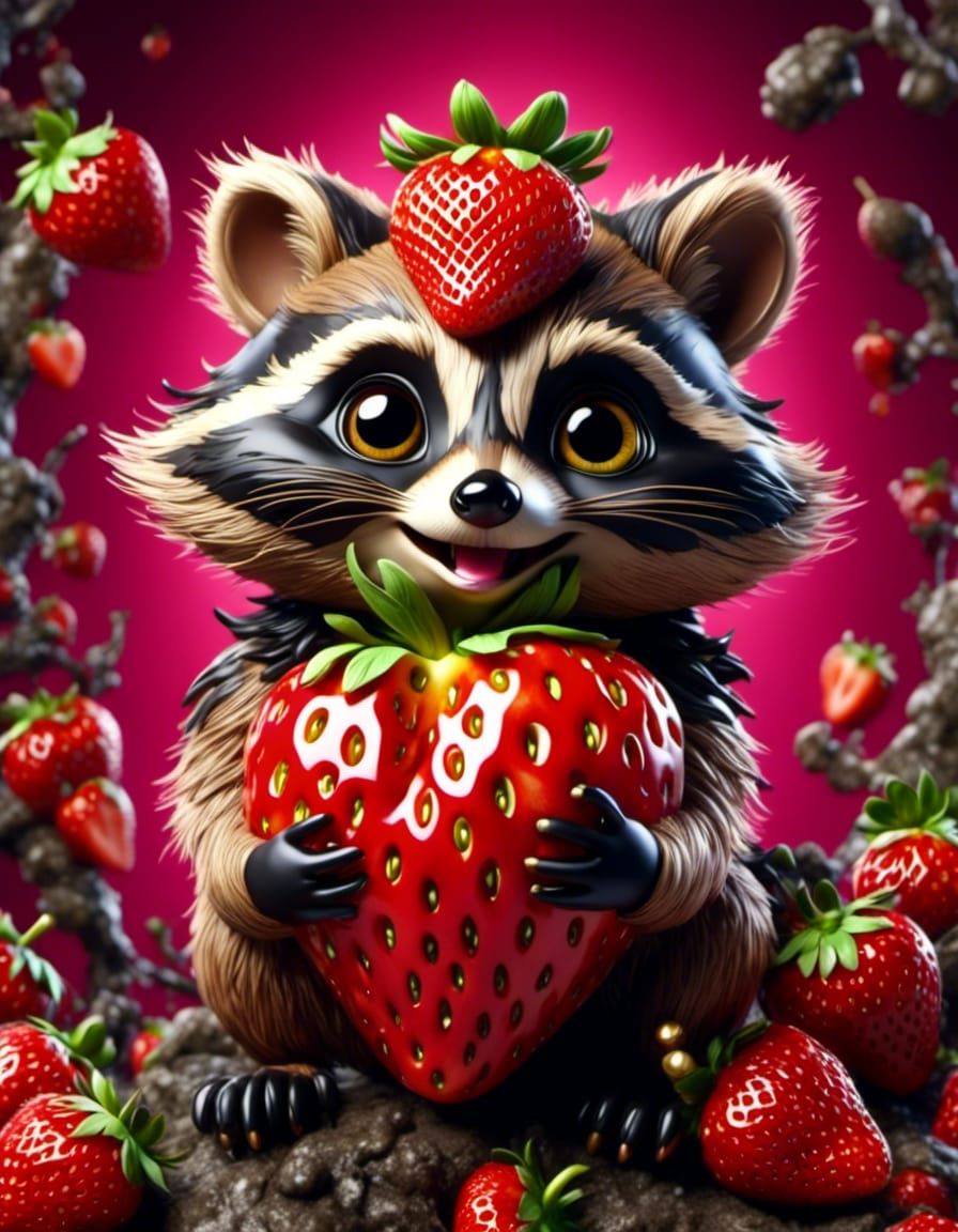 Raccoon in a strawberry feild