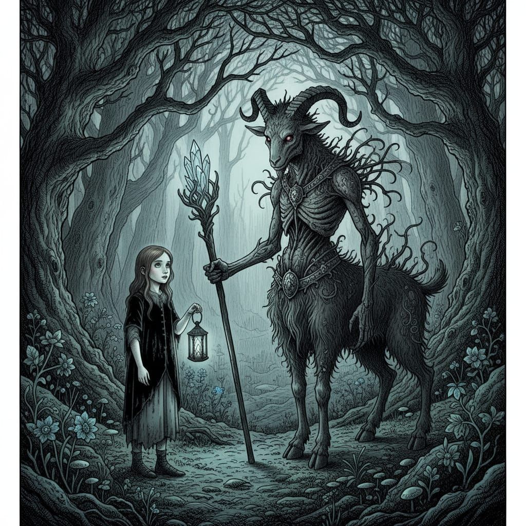 Girl Meets Faun in Moonlit Gothic Forest
