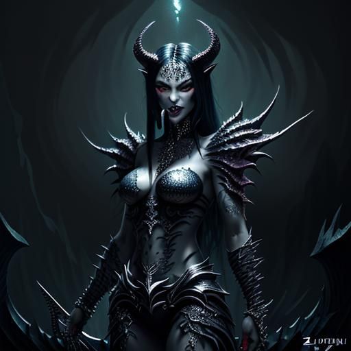 Female Demon with Tattoos and Scales in Dark Fantasy