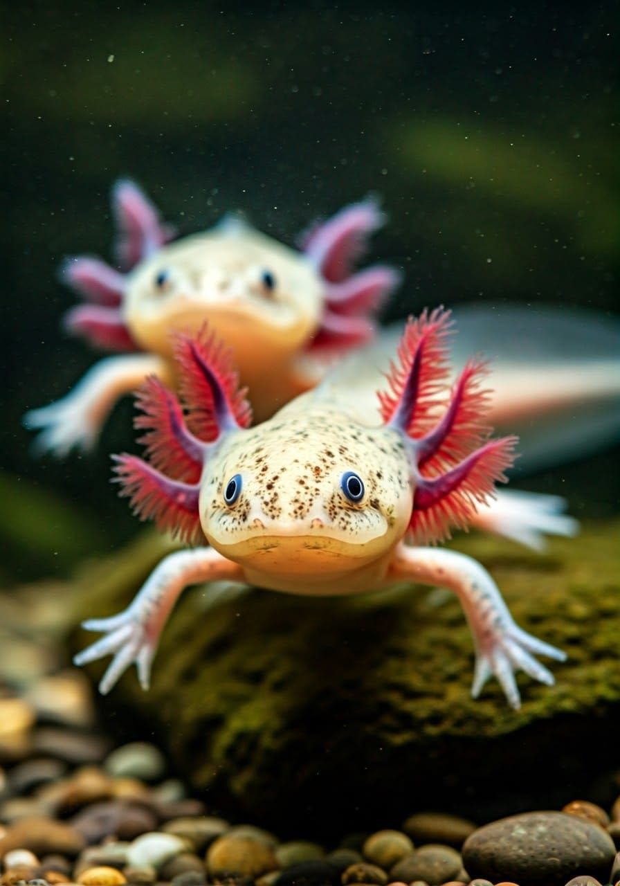 Axolotl Twins in a Profound Aquatic Realm