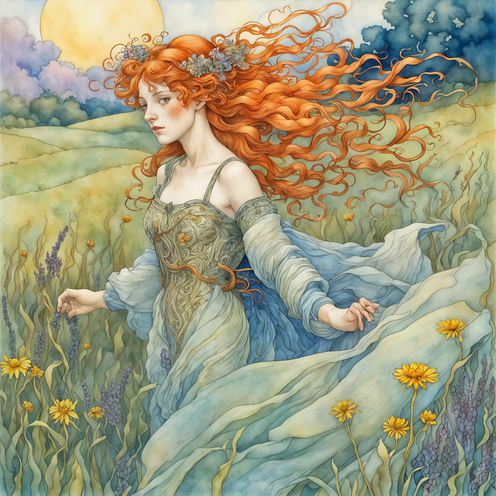 Redhead Princess and Prince in Watercolor Illustration